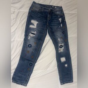 Embroidered Distressed Blue Jeans